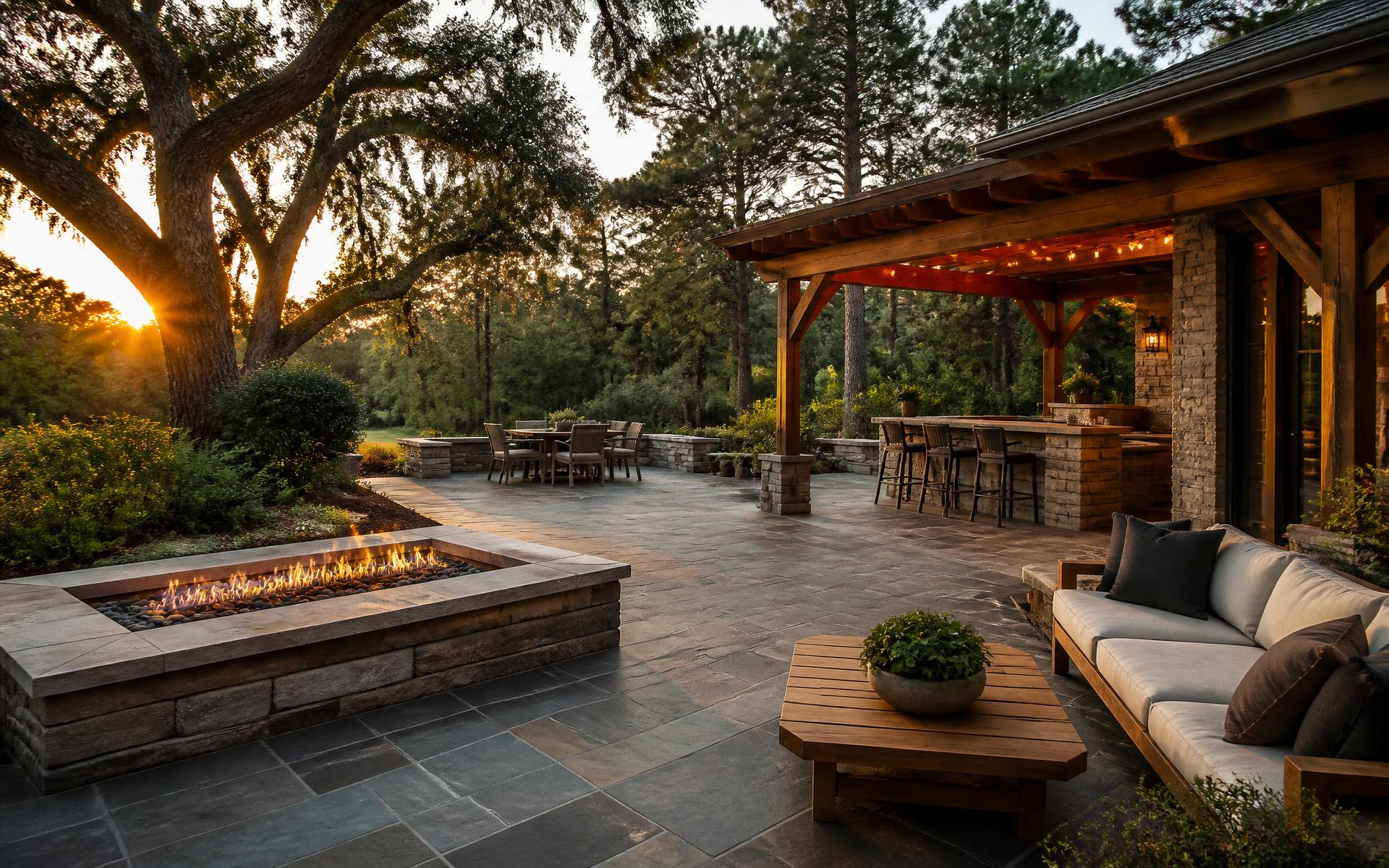 Stone patio with a cedar pergola, outdoor kitchen and linear fire feature at dusk